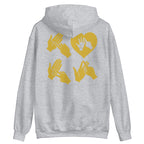 Back view of a sport grey hoodie with the word Love in gold BSL Fingerspelling with the 'O' embedded in a heart shape