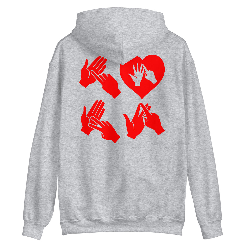 Back view of a sport grey hoodie with the word Love in red BSL Fingerspelling with the 'O' embedded in a heart shape