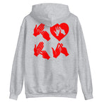 Back view of a sport grey hoodie with the word Love in red BSL Fingerspelling with the 'O' embedded in a heart shape