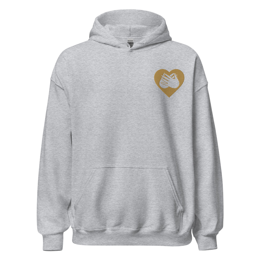 Front view of a sport grey hoodie showing a gold coloured heart and the iconic BSL Love sign embedded in it on the left side of the chest