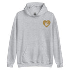 Front view of a sport grey hoodie showing a gold coloured heart and the iconic ASL I Love You sign embedded in it on the left side of the chest