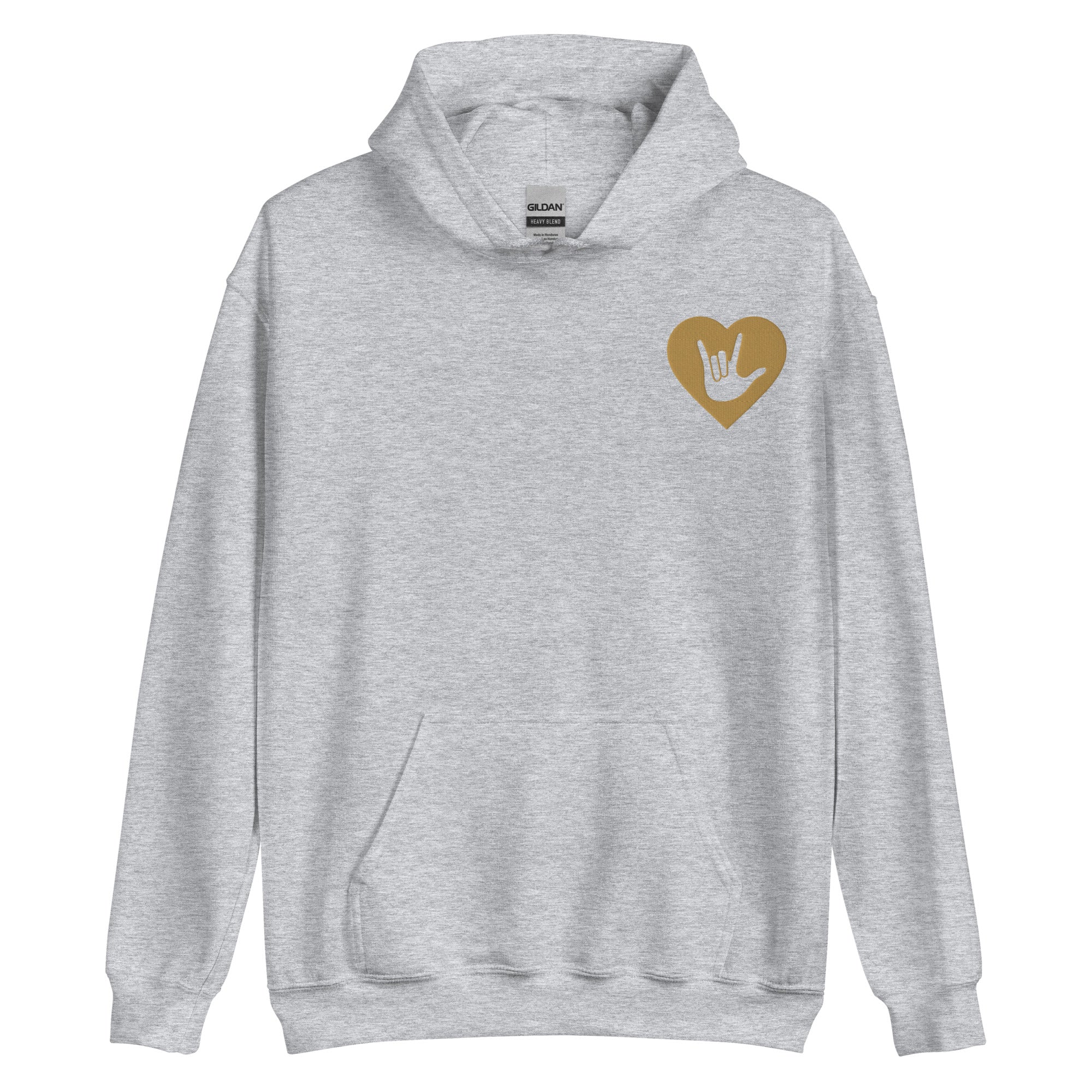 Front view of a sport grey hoodie showing a gold coloured heart and the iconic ASL I Love You sign embedded in it on the left side of the chest