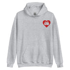 Front view of a sport grey hoodie showing a red coloured heart and the iconic BSL Love sign embedded in it on the left side of the chest