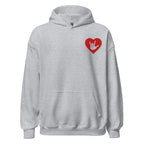 Front view of a sport grey hoodie showing a red coloured heart and the iconic ASL I Love You sign embedded in it on the left side of the chest