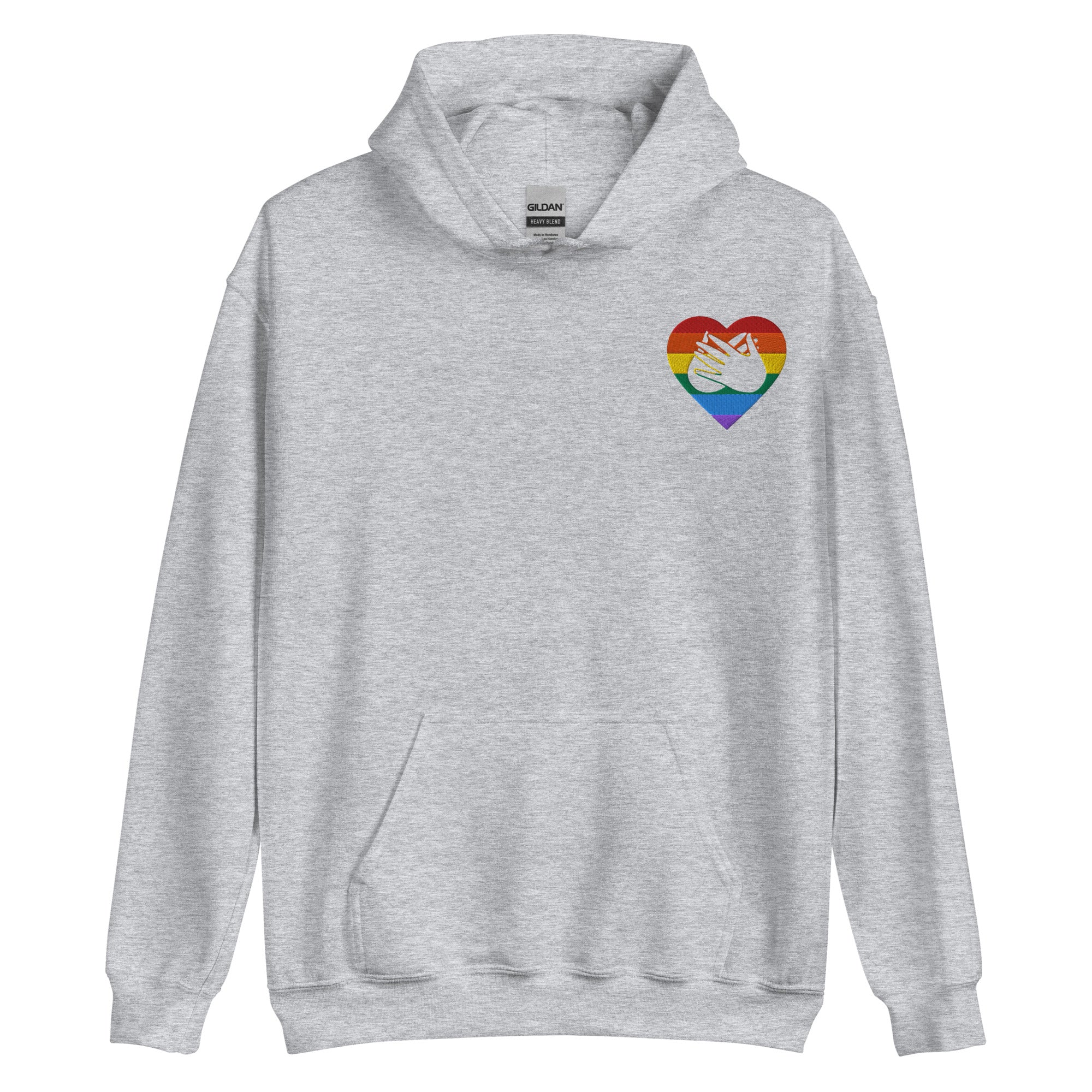 Front view of a sport grey hoodie showing a pride coloured heart and the iconic BSL Love sign embedded in it on the left side of the chest