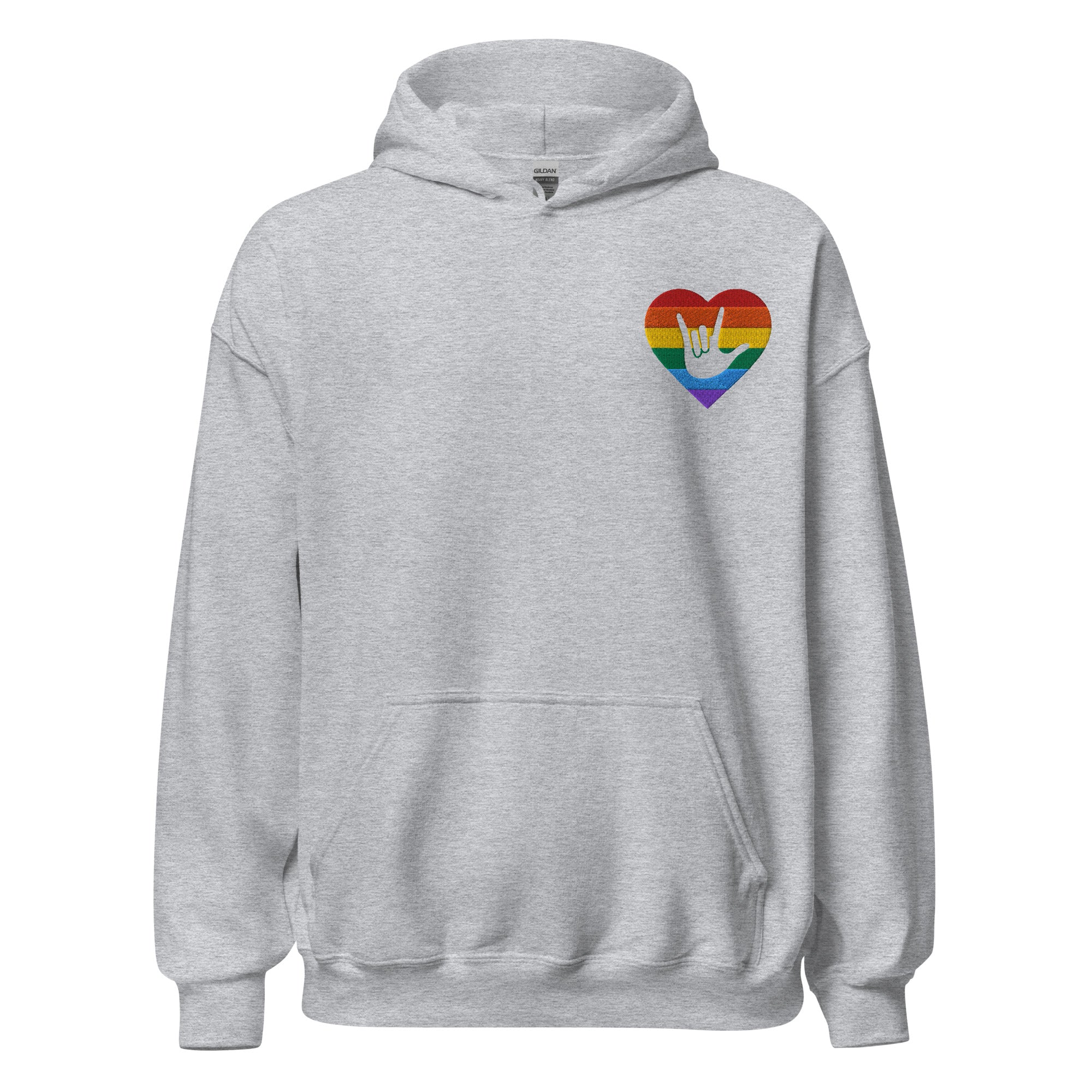 Front view of a sport grey hoodie showing a pride coloured heart and the iconic ASL I Love You sign embedded in it on the left side of the chest