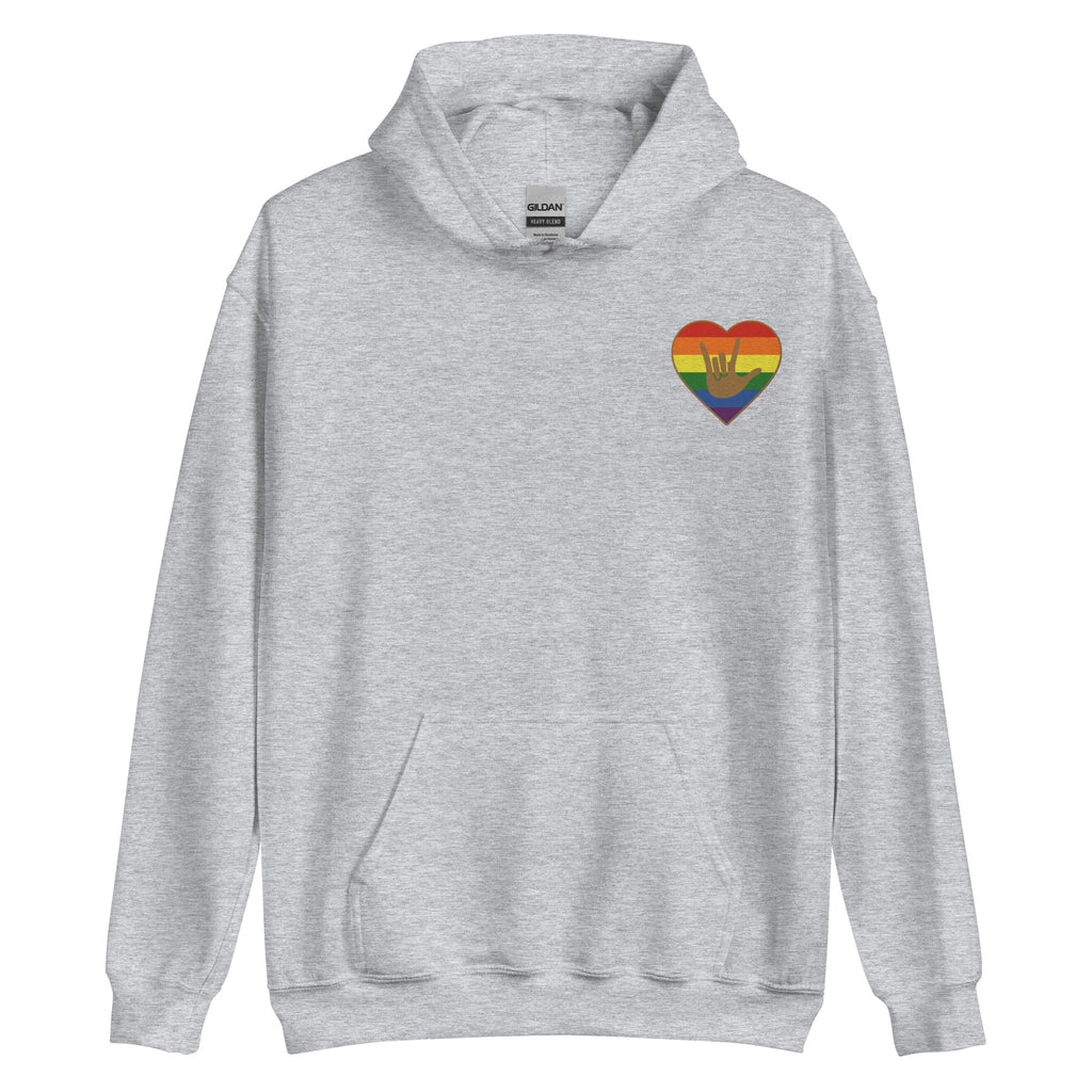 Front view of a sport grey hoodie showing a pride colored heart and the iconic ASL I Love You sign embedded in it on the left side of the chest