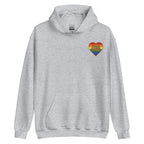 Front view of a sport grey hoodie showing a pride coloured heart and the iconic BSL Love sign embedded in it on the left side of the chest