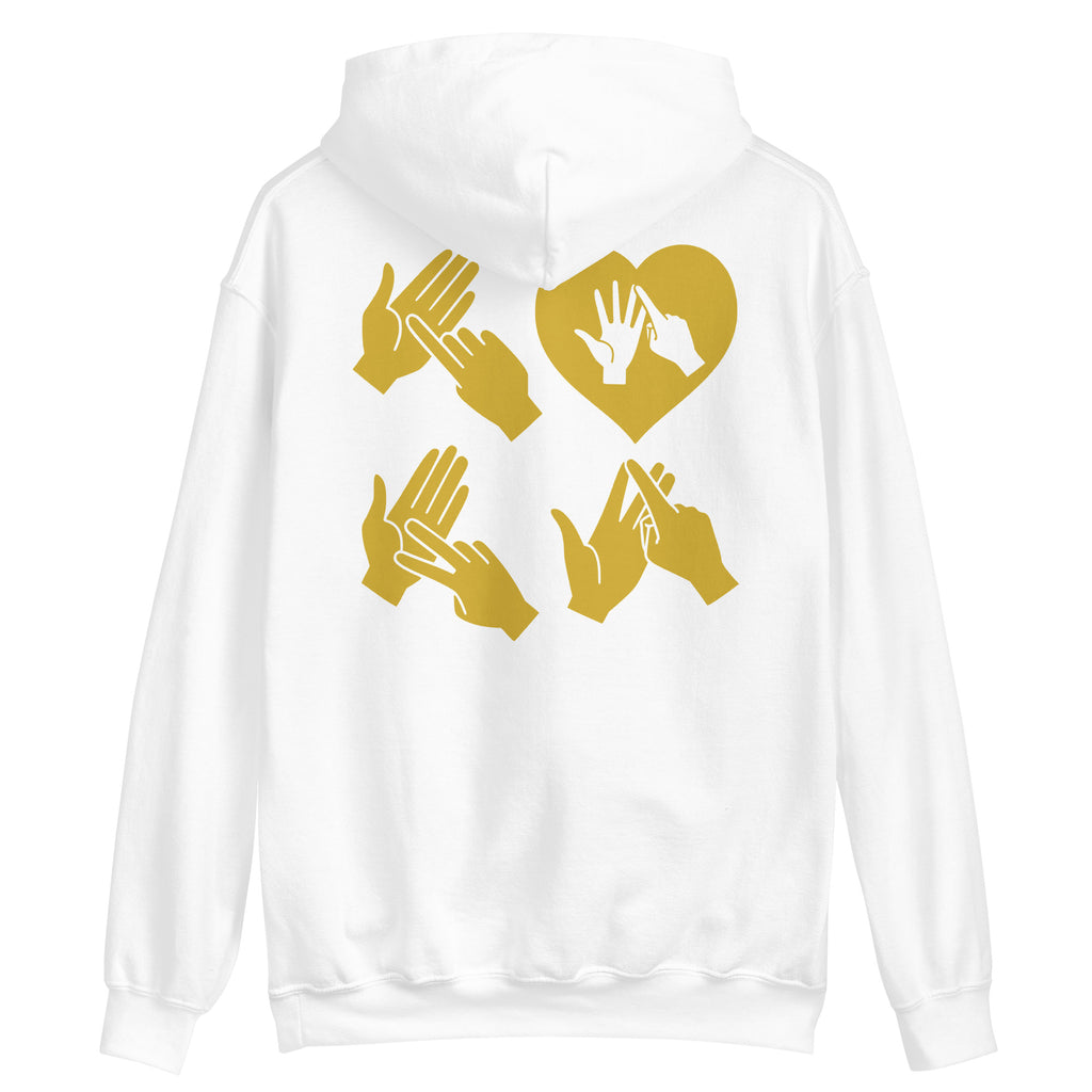 Back view of a white hoodie with the word Love in gold BSL Fingerspelling with the 'O' embedded in a heart shape