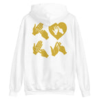 Back view of a white hoodie with the word Love in gold BSL Fingerspelling with the 'O' embedded in a heart shape