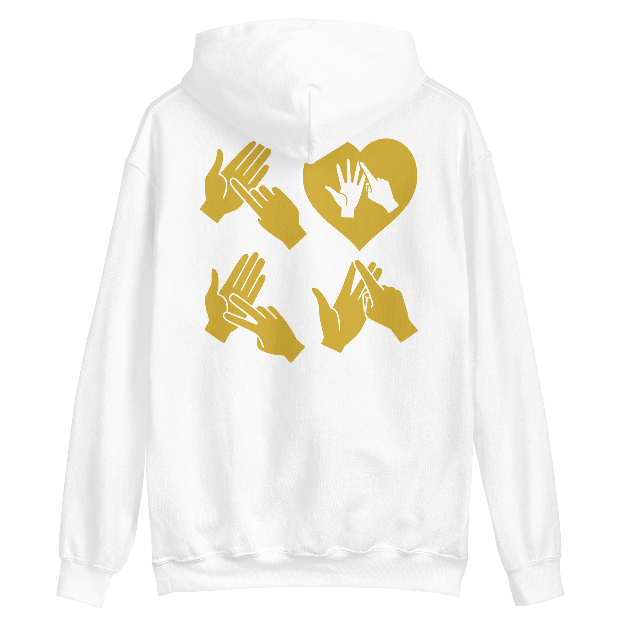 Back view of a white hoodie with the word Love in gold BSL Fingerspelling with the 'O' embedded in a heart shape
