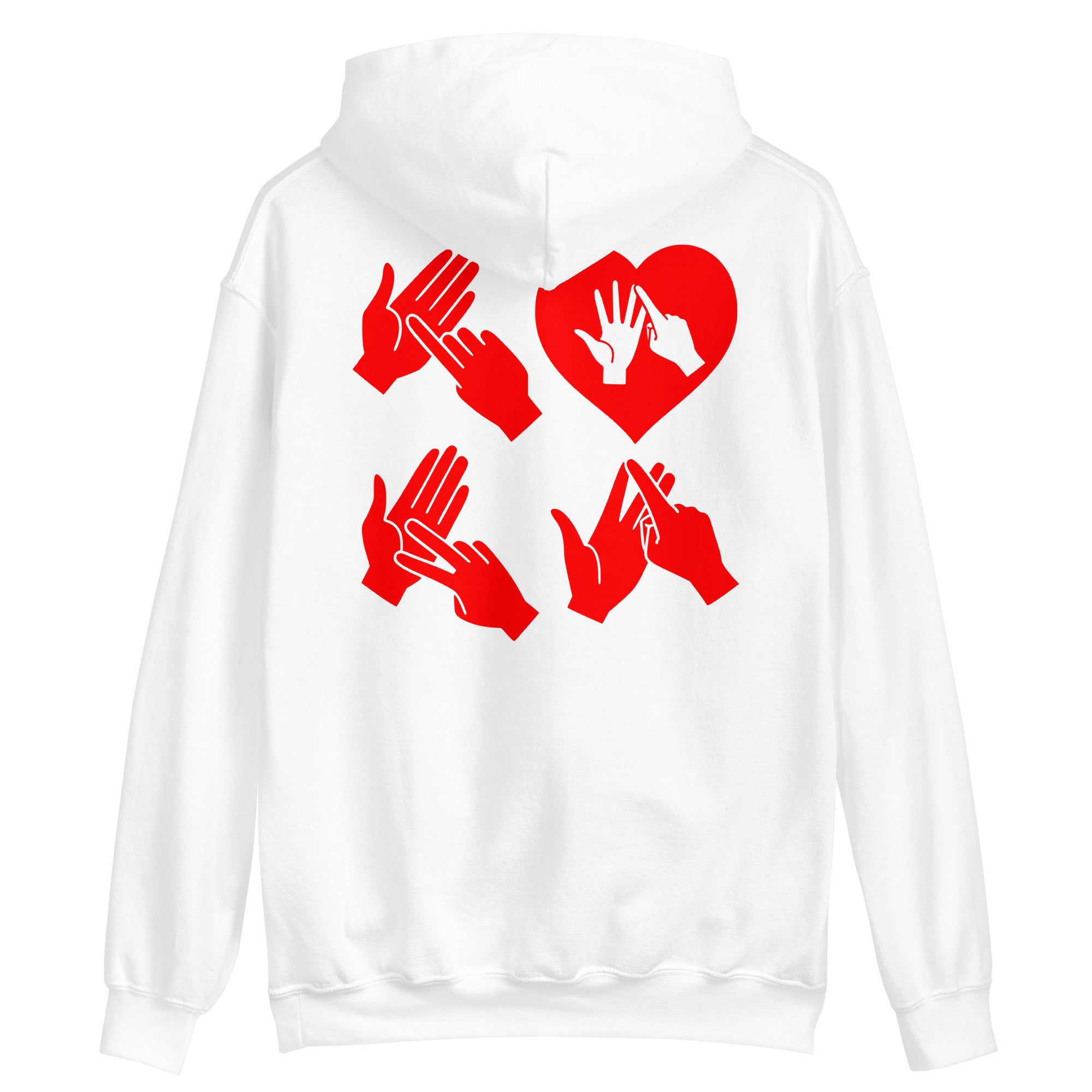Back view of a white hoodie with the word Love in red BSL Fingerspelling with the 'O' embedded in a heart shape