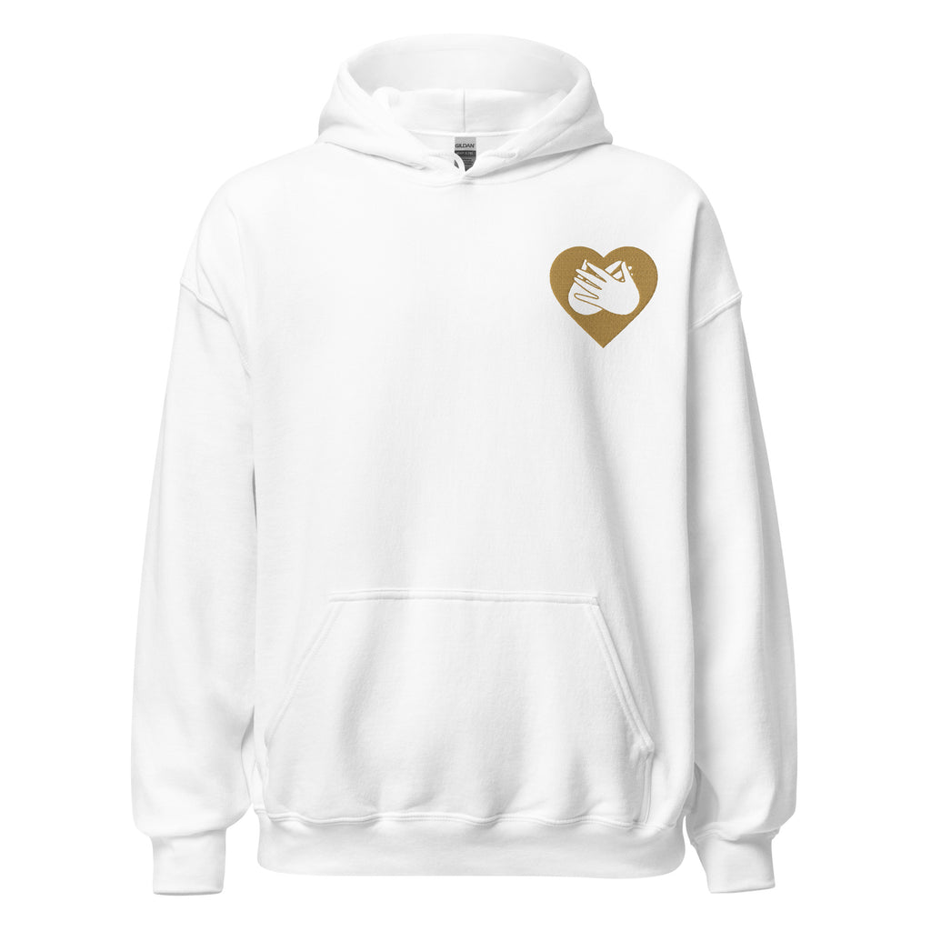 Front view of a white hoodie showing a gold coloured heart and the iconic BSL Love sign embedded in it on the left side of the chest