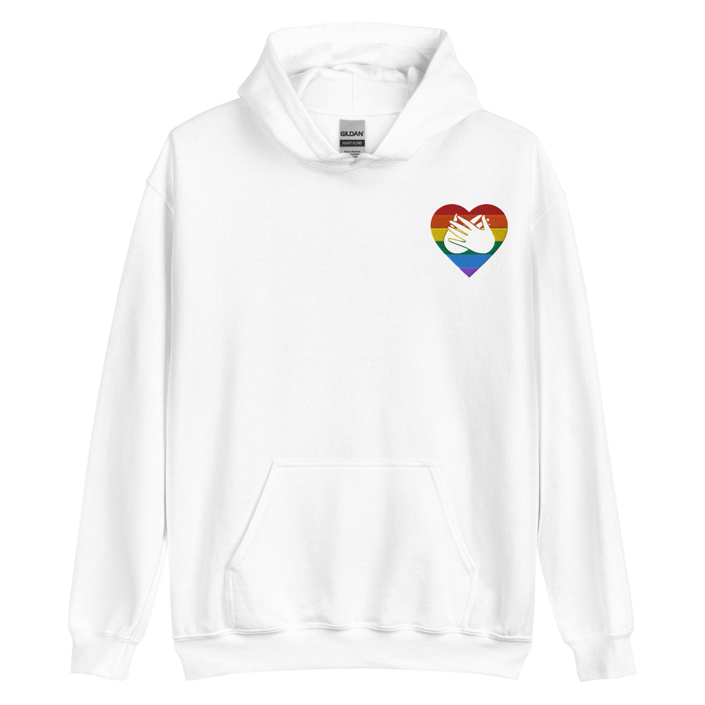 Front view of a white hoodie showing a pride coloured heart and the iconic BSL Love sign embedded in it on the left side of the chest