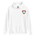 Front view of a white hoodie showing a pride coloured heart and the iconic BSL Love sign embedded in it on the left side of the chest