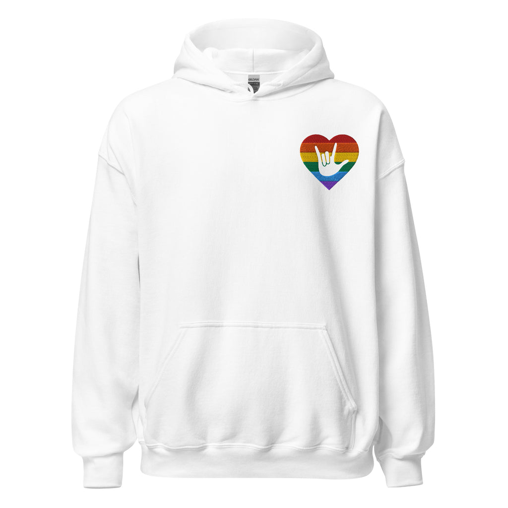 Front view of a white hoodie showing a pride coloured heart and the iconic ASL I Love You sign embedded in it on the left side of the chest