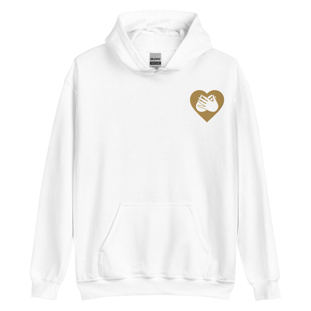 Front view of a white hoodie showing a gold coloured heart and the iconic BSL Love sign embedded in it on the left side of the chest
