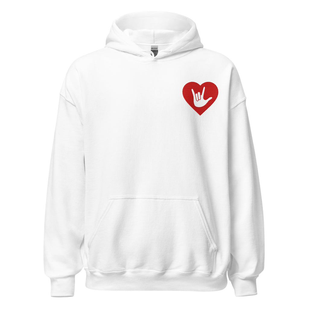 Front view of a white hoodie showing a red colored heart and the iconic ASL I Love You sign embedded in it on the left side of the chest