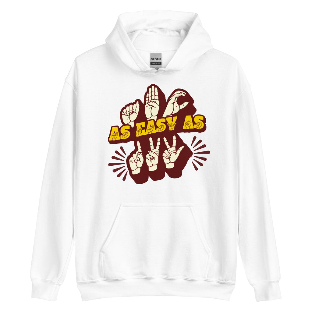 White hoodie with ‘ABC As Easy As 123’ in ASL fingerspelling and text characters