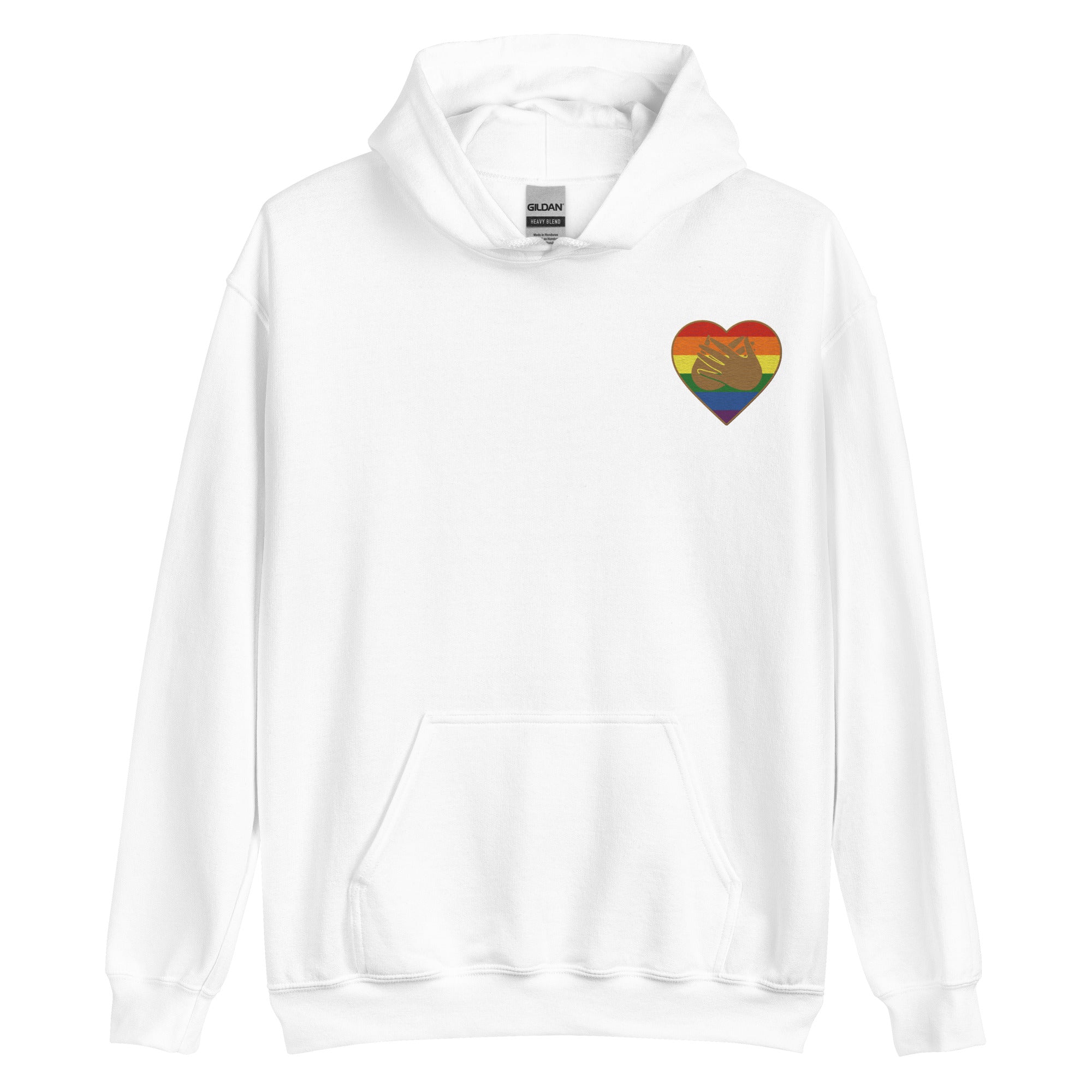 Front view of a white hoodie showing a pride coloured heart and the iconic BSL Love sign embedded in it on the left side of the chest
