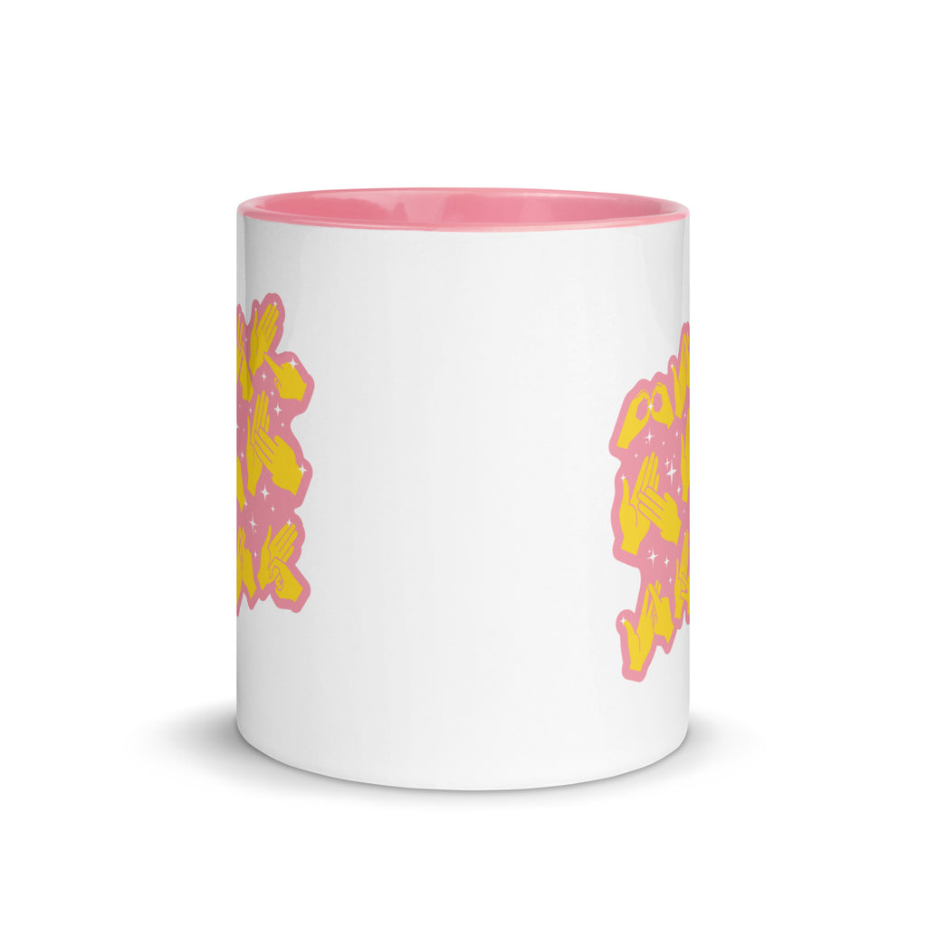 White and pink mug viewed from the front showing a Best Mum Ever BSL design
