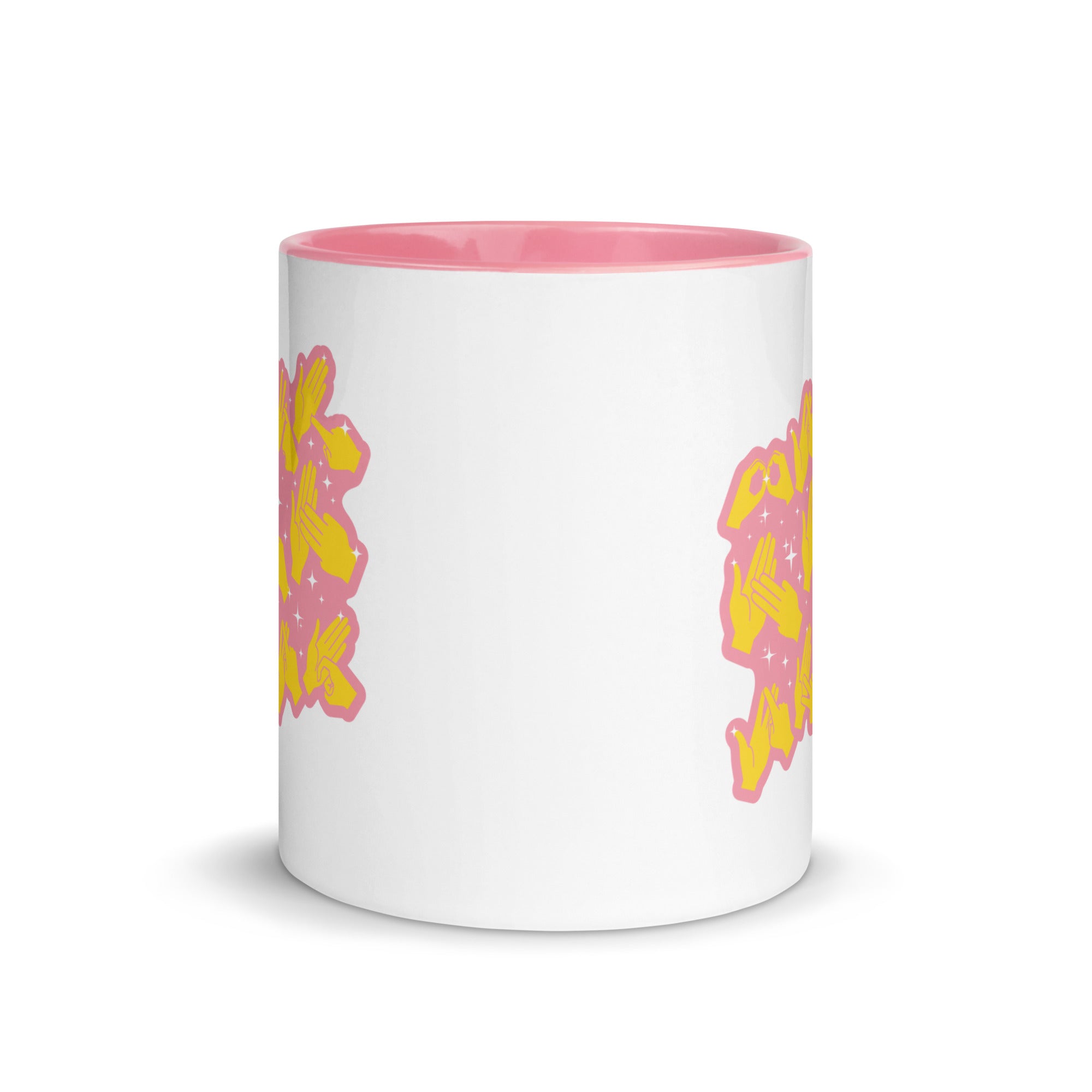 White and pink mug viewed from the front showing a Best Mum Ever BSL design