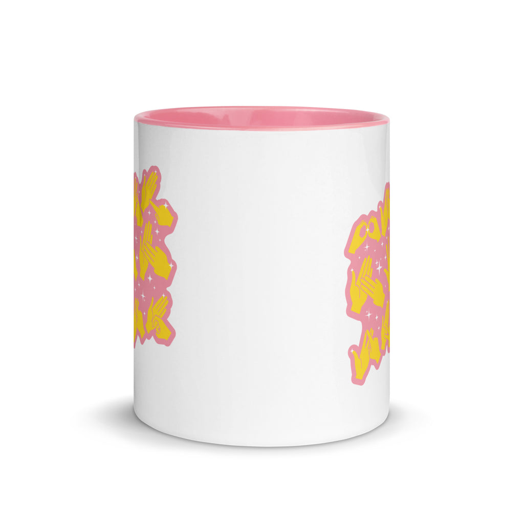 White and pink mug viewed from the front showing a Best Mom Ever BSL design