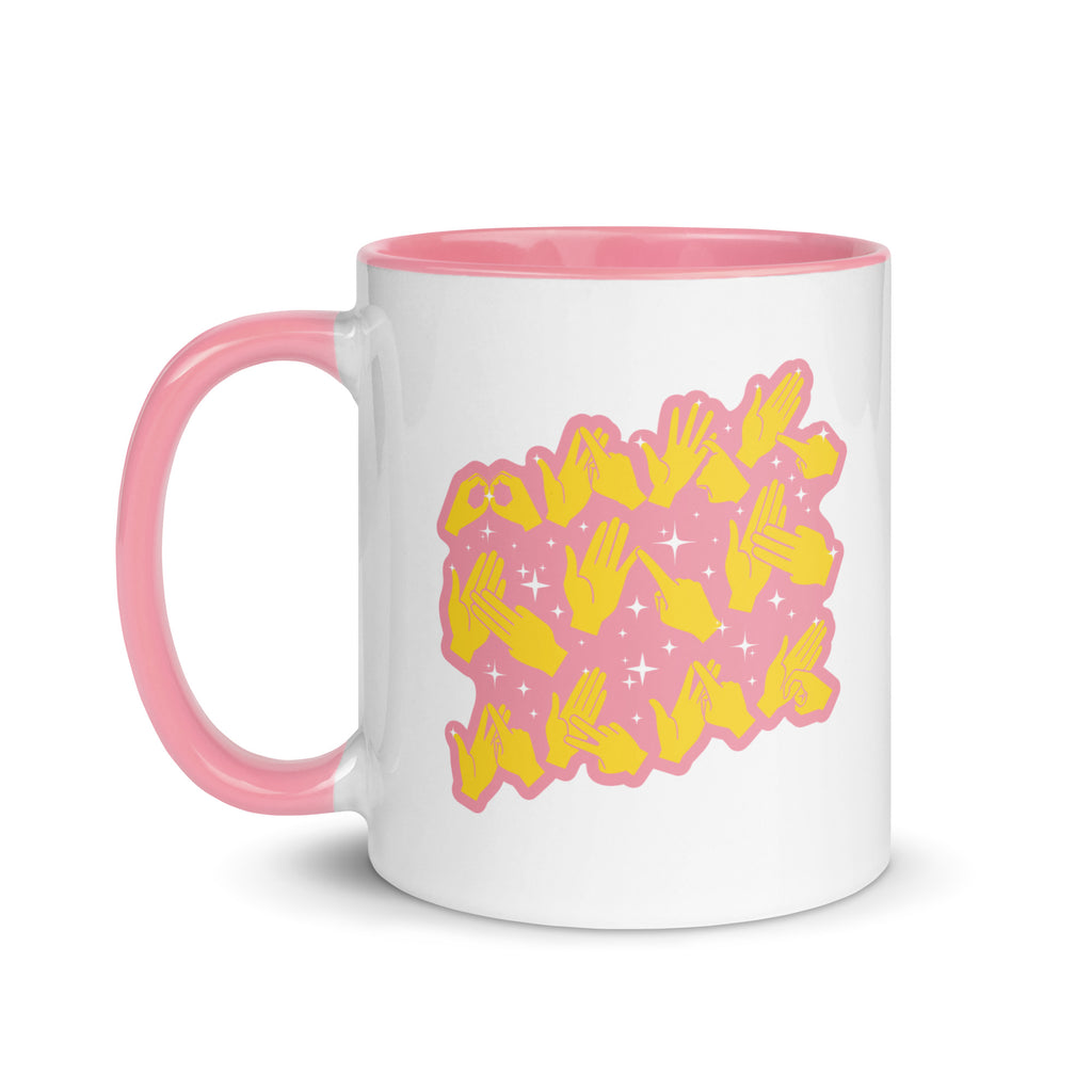 White and pink mug with the handle on the left showing a Best Mum Ever BSL design