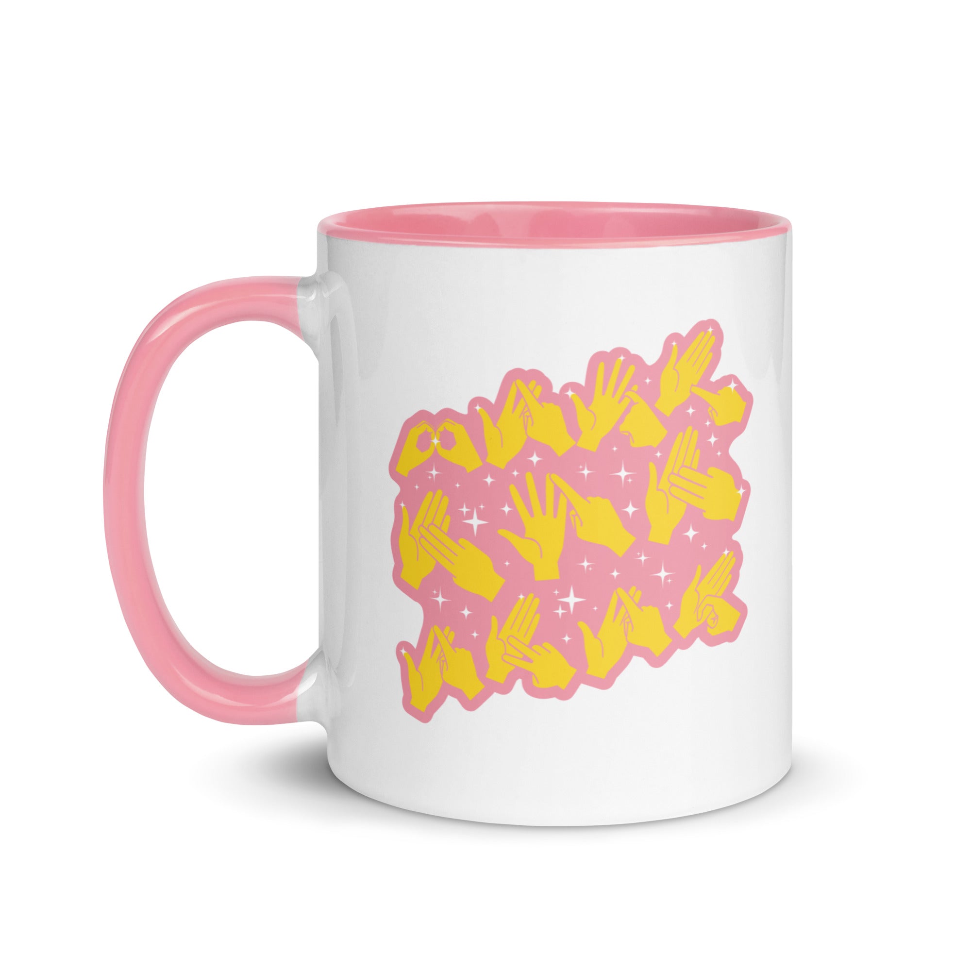 White and pink mug with the handle on the left showing a Best Mom Ever BSL design