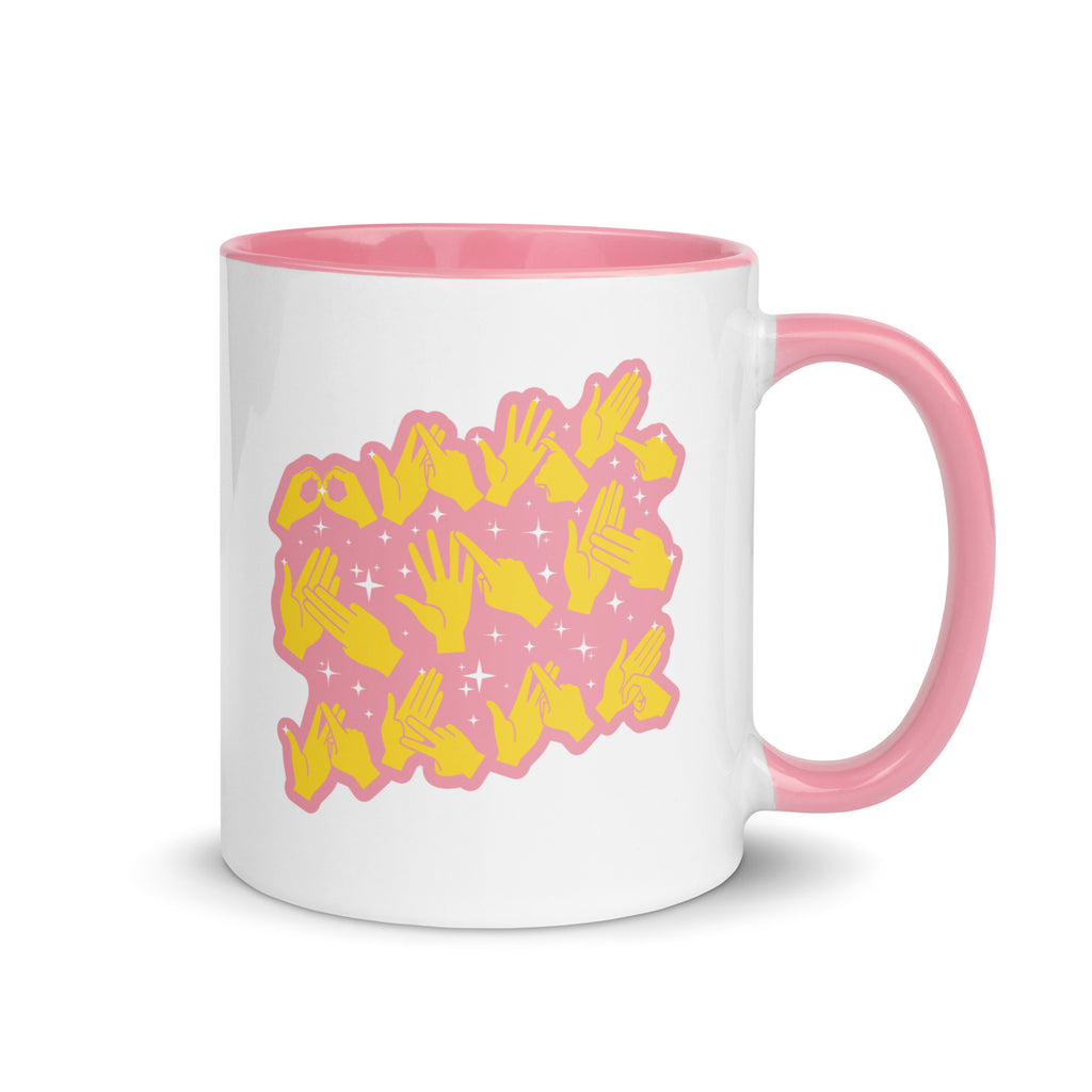 White and pink mug with the handle on the right showing a Best Mom Ever BSL design