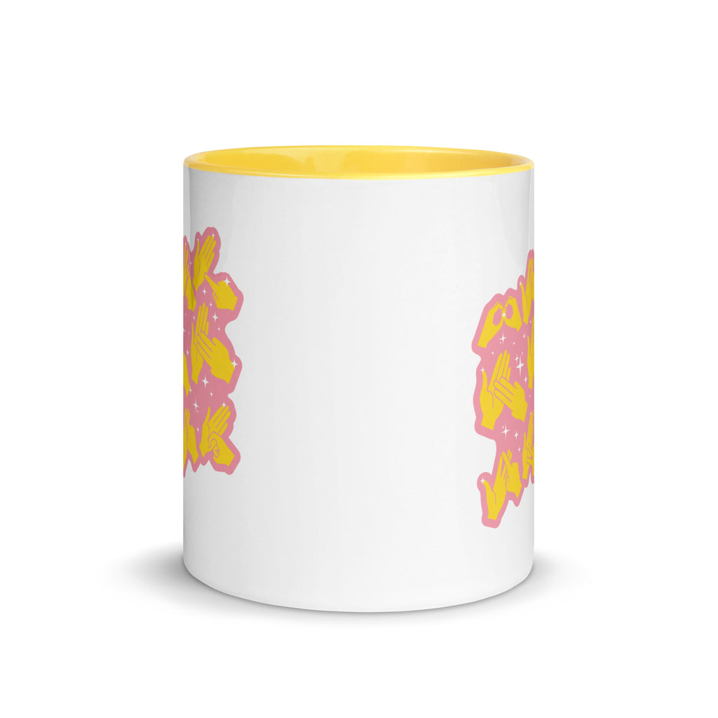 White and yellow mug viewed from the front showing a Best Mum Ever BSL design