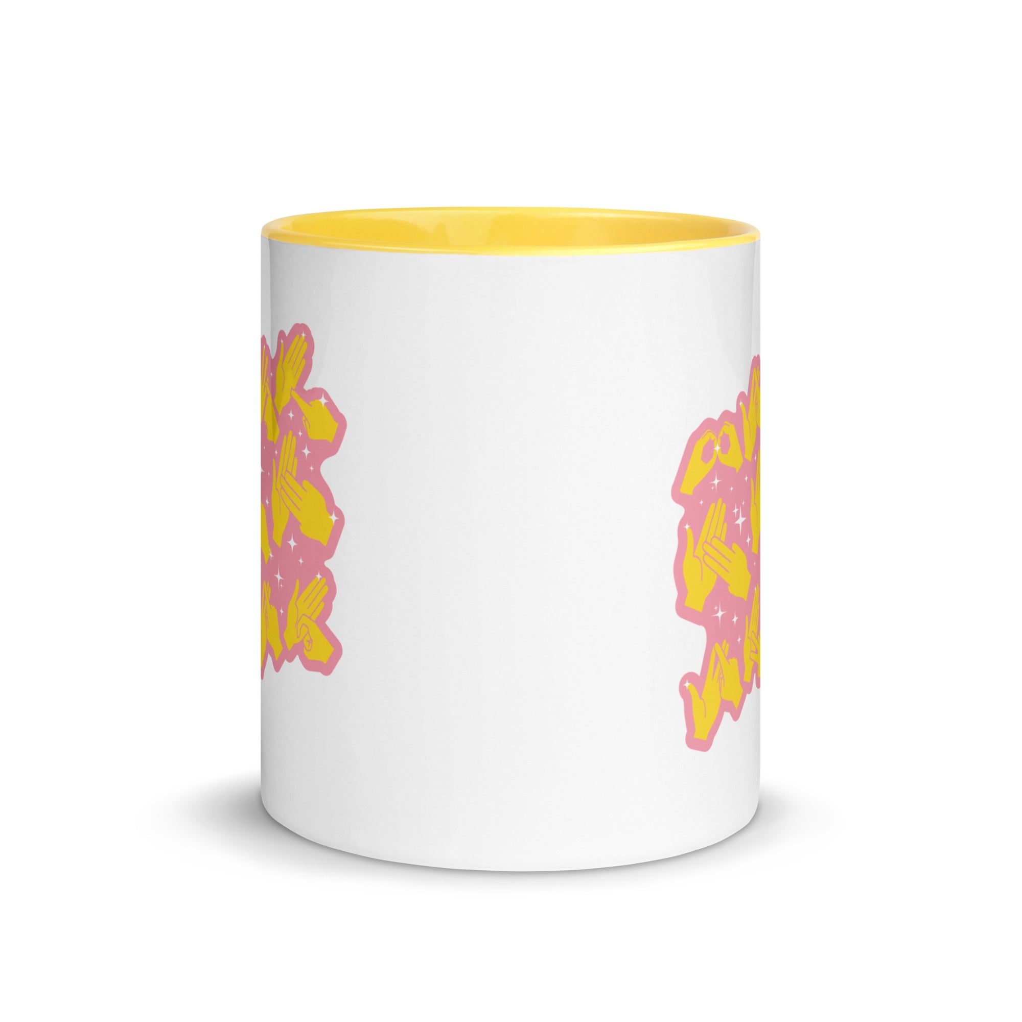 White and yellow mug viewed from the front showing a Best Mum Ever BSL design