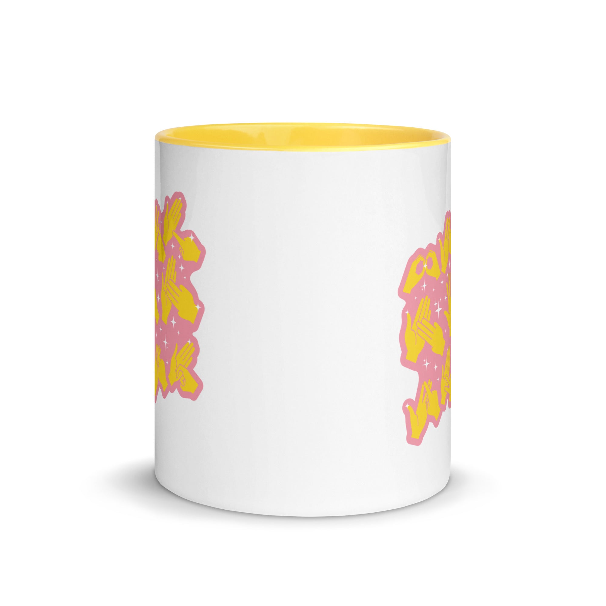 White and yellow mug viewed from the front showing a Best Mom Ever BSL design