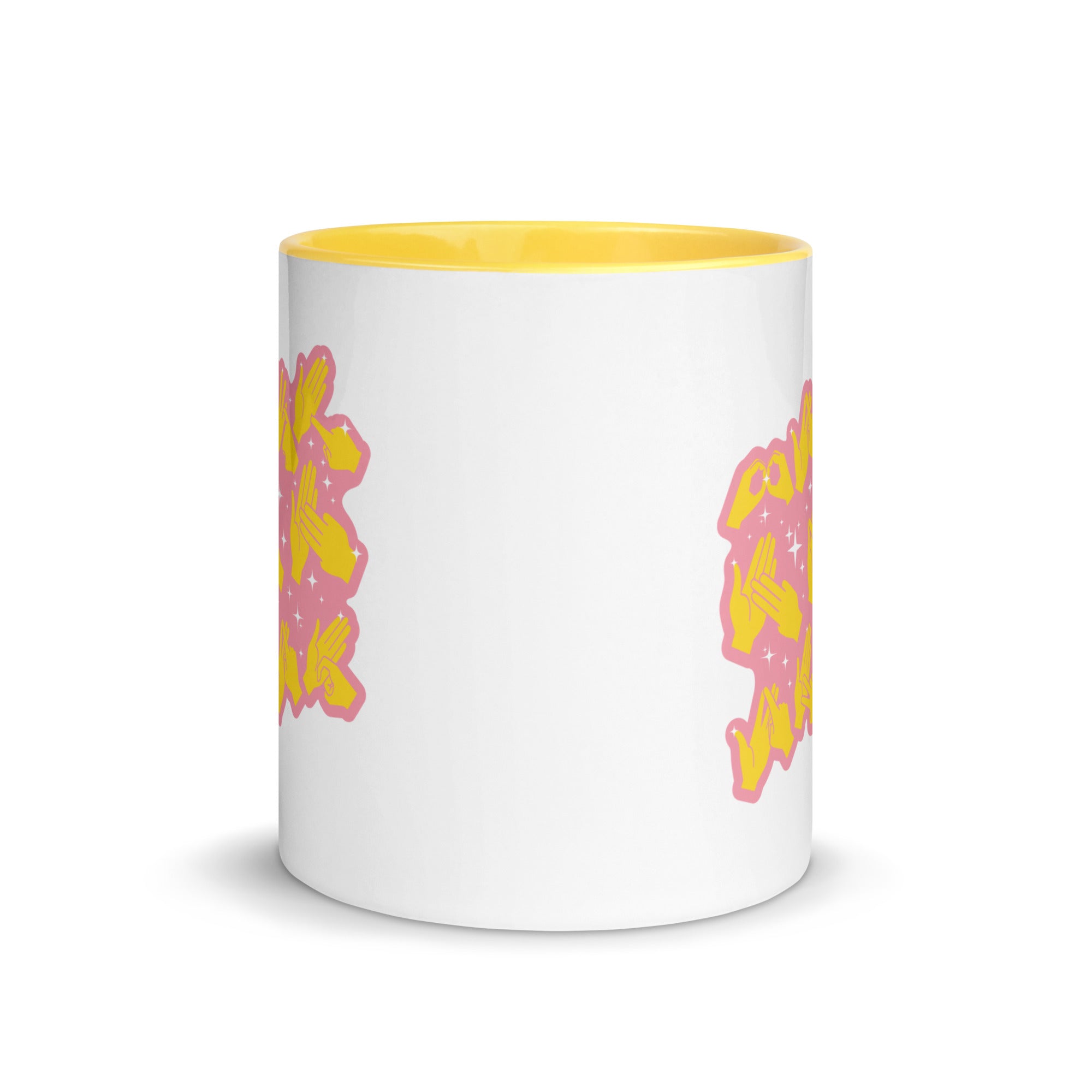 White and yellow mug viewed from the front showing a Best Mam Ever BSL design