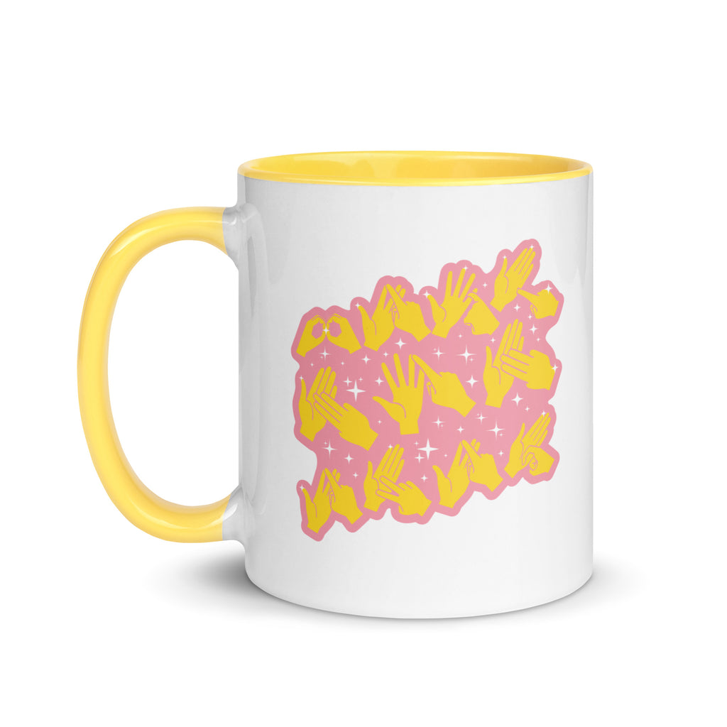 White and yellow mug with the handle on the left showing a Best Mom Ever BSL design