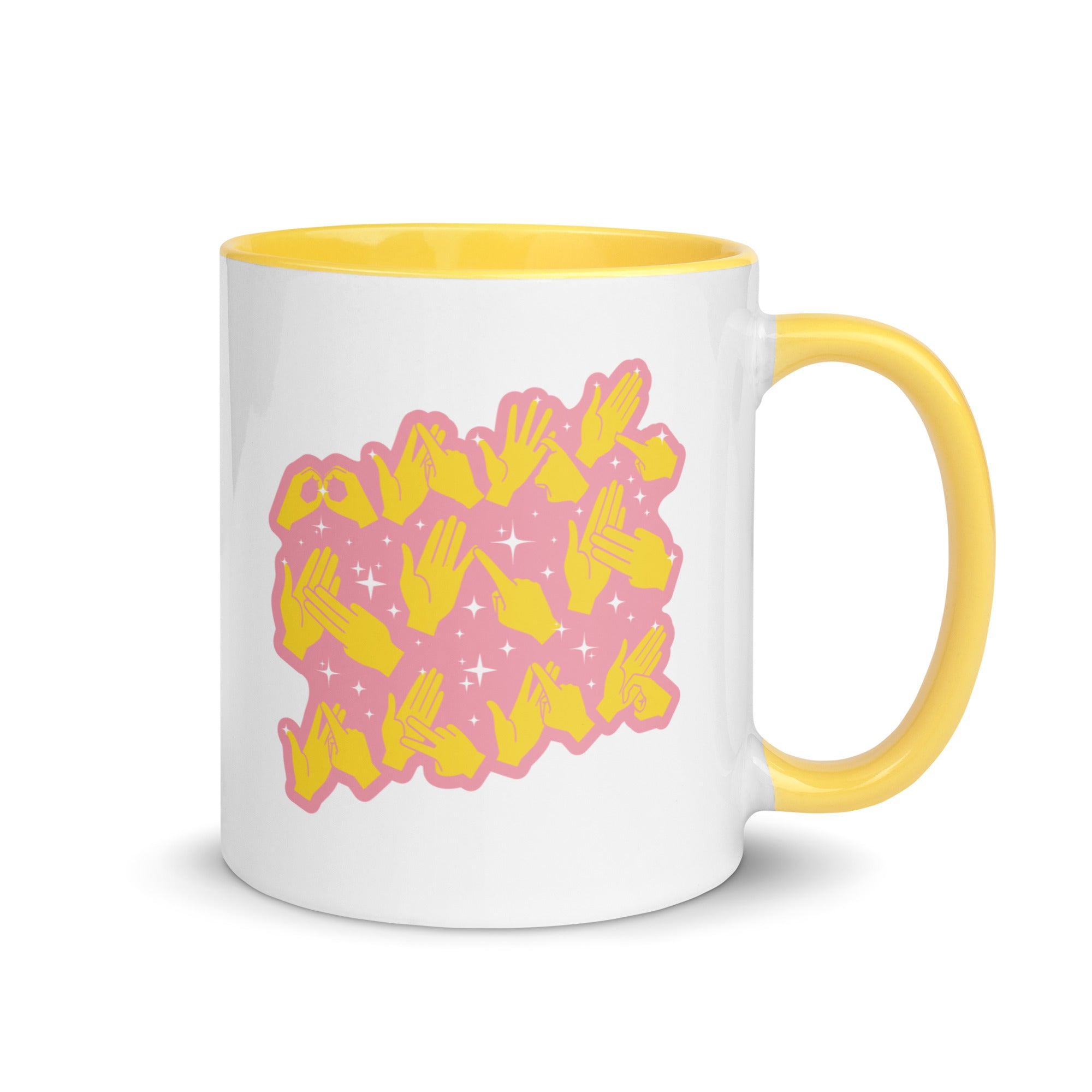 White and yellow mug with the handle on the right showing a Best Mum Ever BSL design