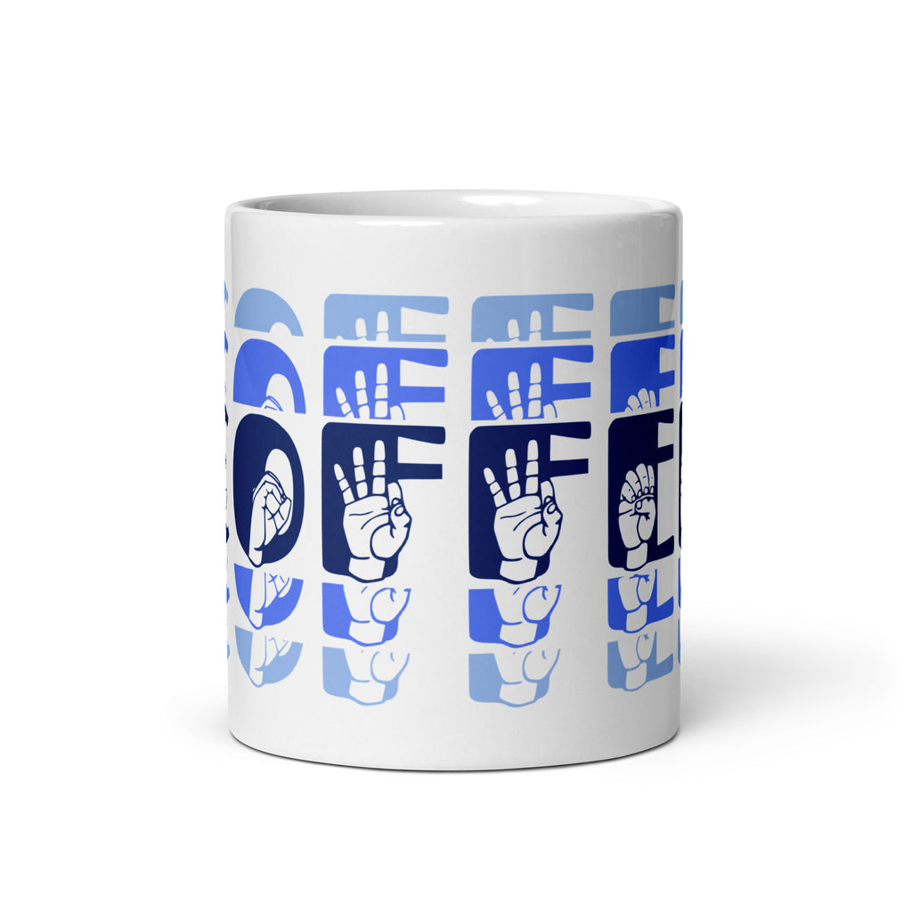 White mug with no handle visible, showing part of the phrase Coffee written in ASL Fingerspelling and Text wrapping around the mug in blue cutaway design.