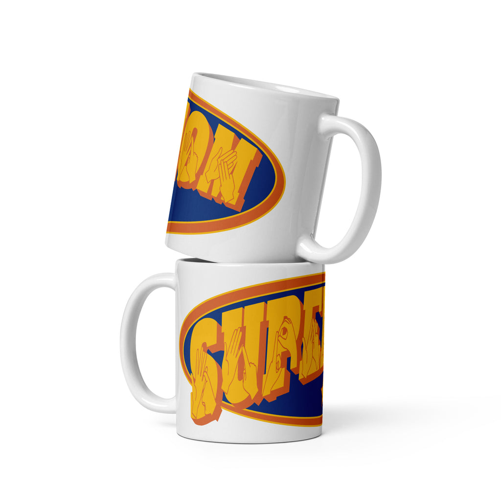 Two stacked white mugs showing a Supermom BSL design