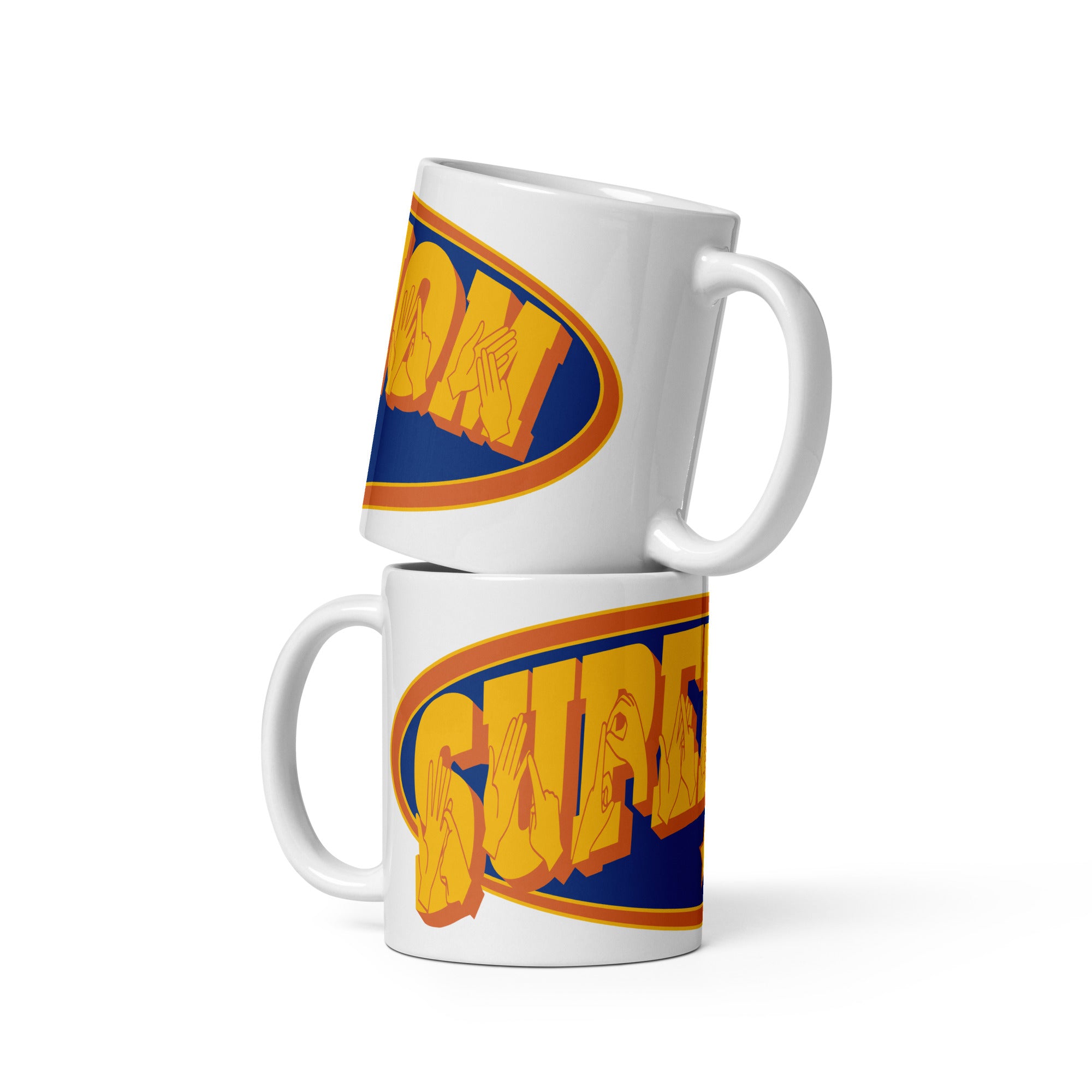 Two stacked white mugs showing a Supermom BSL design