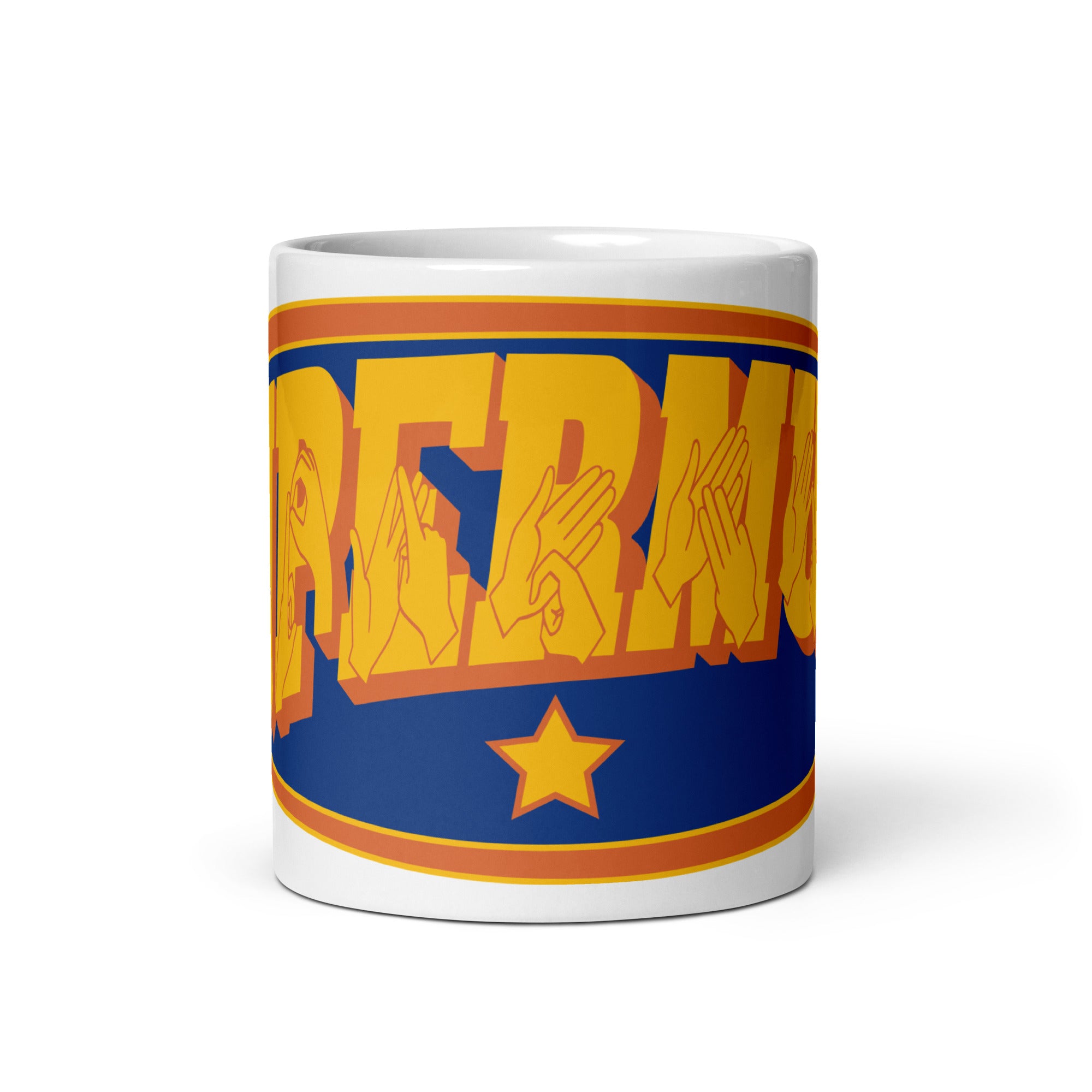 A white mug with the handle at the back showing a Supermum BSL design