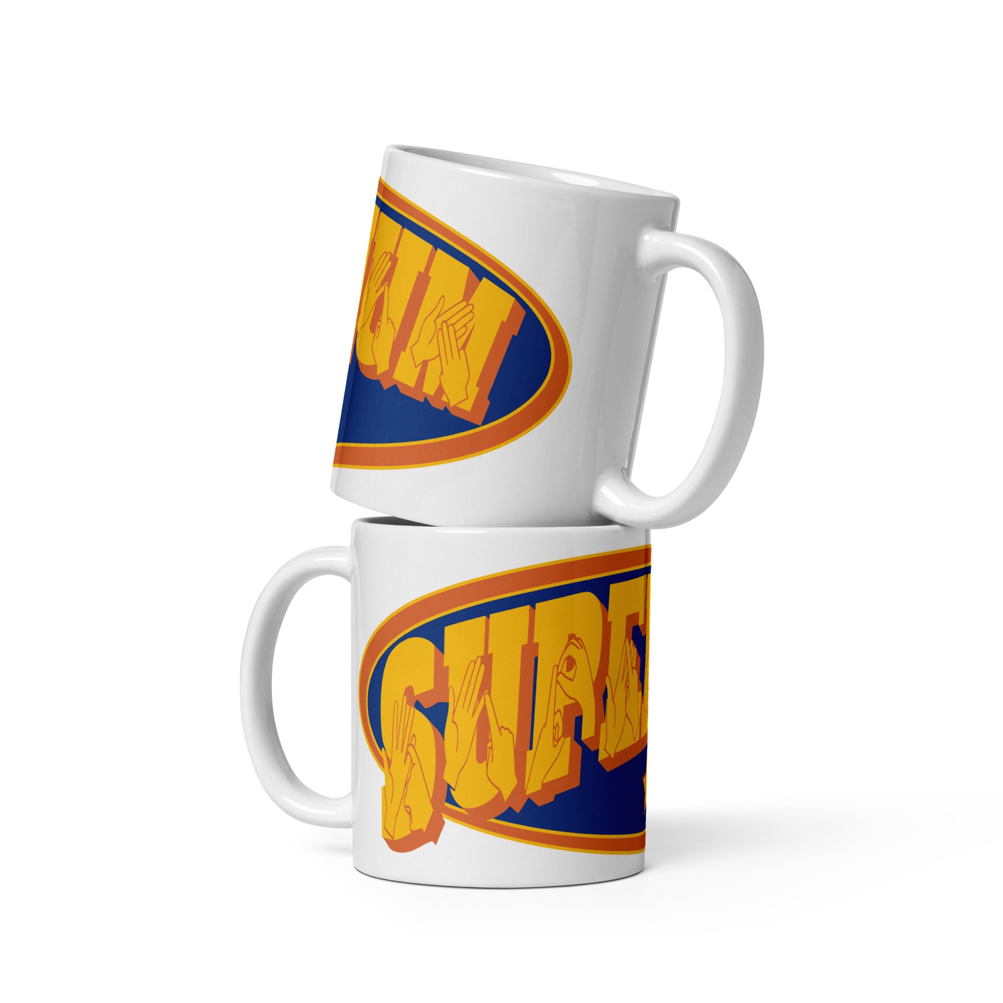 Two stacked white mugs showing a Supermum BSL design