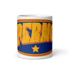 A white mug with the handle at the back showing a Supermom BSL design