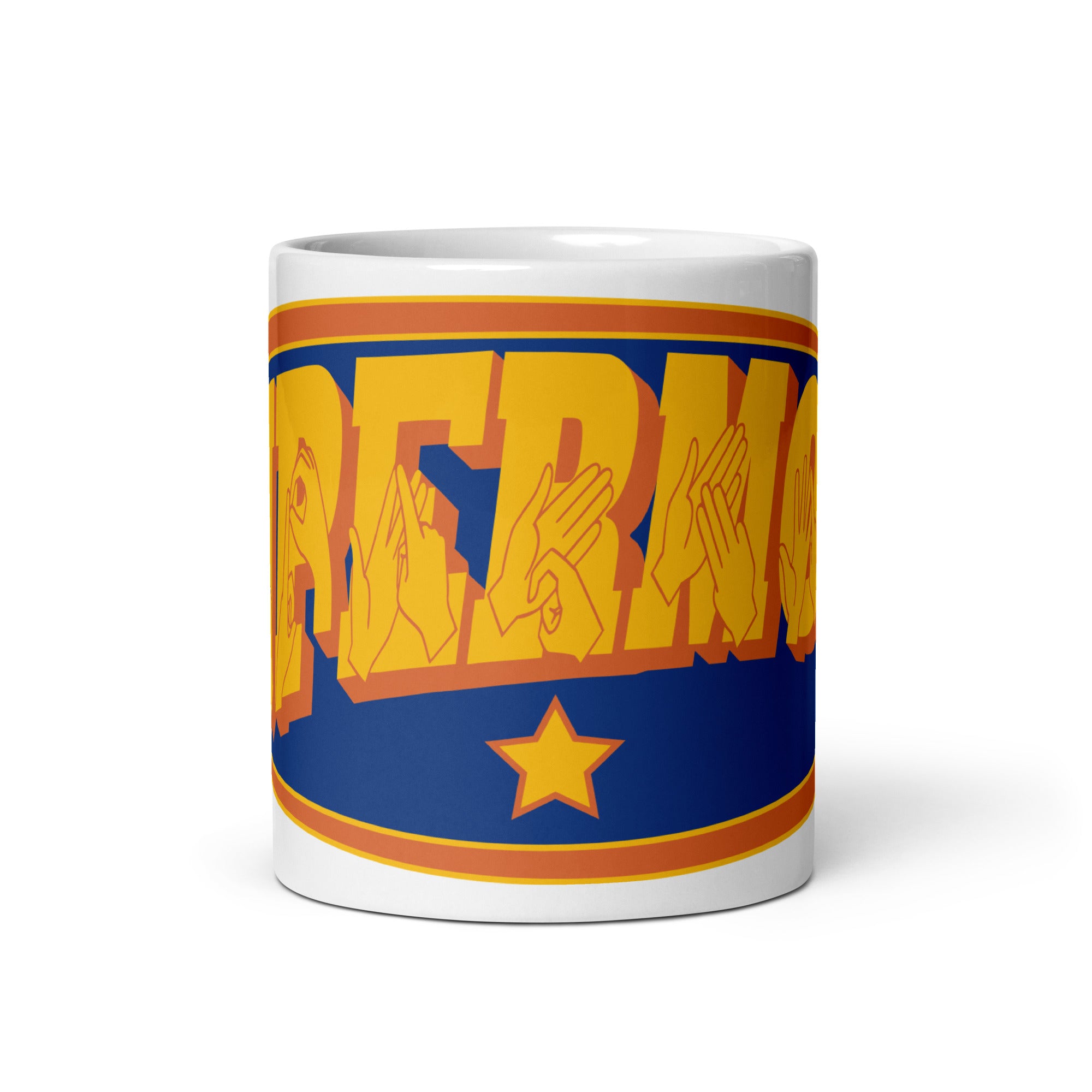 A white mug with the handle at the back showing a Supermom BSL design