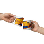 Two white mugs touched together showing a Supermom BSL design