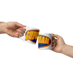 Two white mugs touched together showing a Supermam BSL design