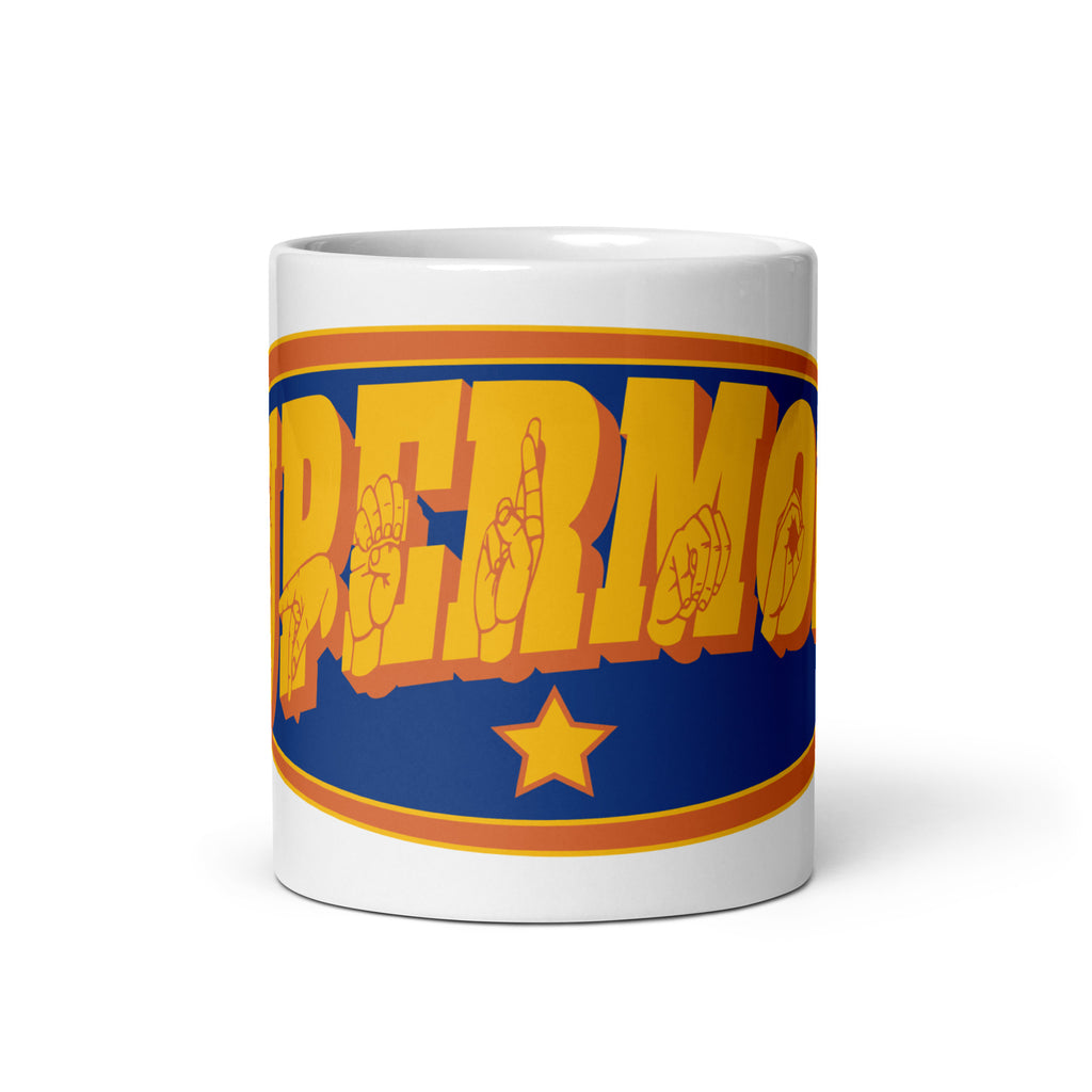 A white mug with the handle at the back showing a Supermom ASL design