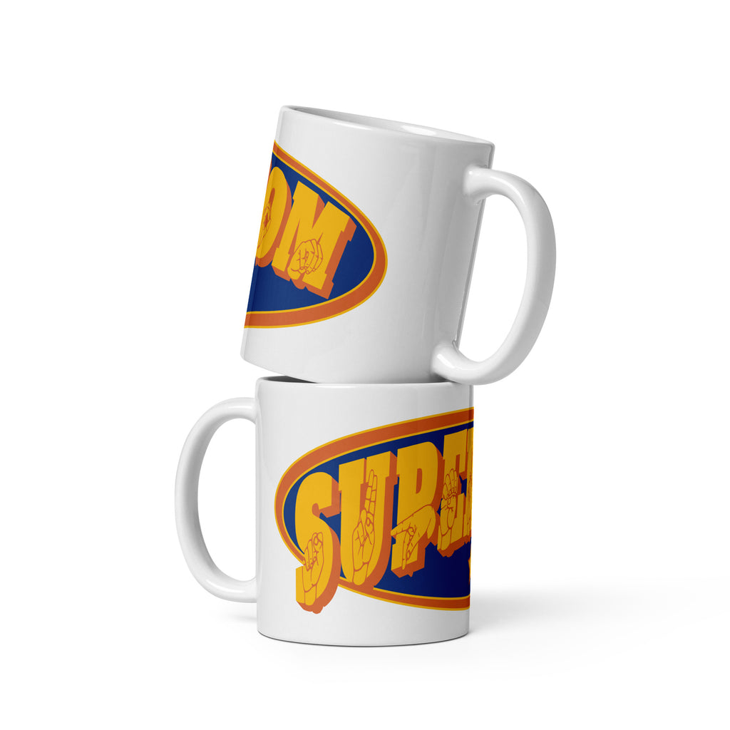 Two stacked white mugs showing a Supermom ASL design