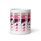 White mug featuring the phrase Coffee written in BSL Fingerspelling and Text wrapping around the mug in pink cutaway design.
