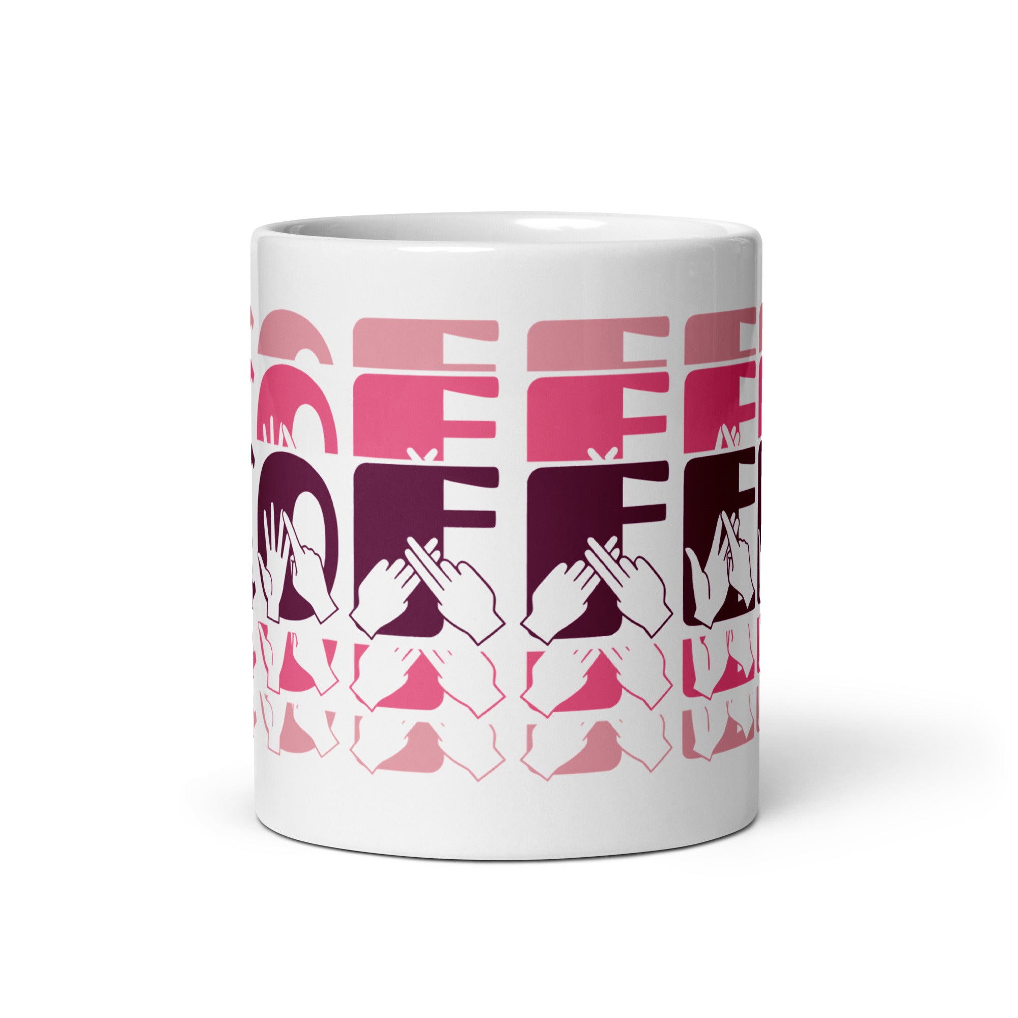 White mug featuring the phrase Coffee written in BSL Fingerspelling and Text wrapping around the mug in pink cutaway design.