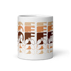 White mug featuring the phrase Coffee written in BSL Fingerspelling and Text wrapping around the mug in brown cutaway design.